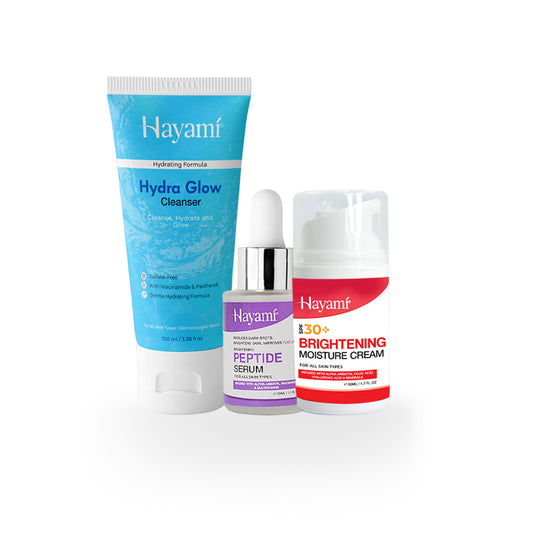 Hayami skincare daily glow bundle includes Hydra Glow Cleanser, Peptide Serum, and Brightening Cream